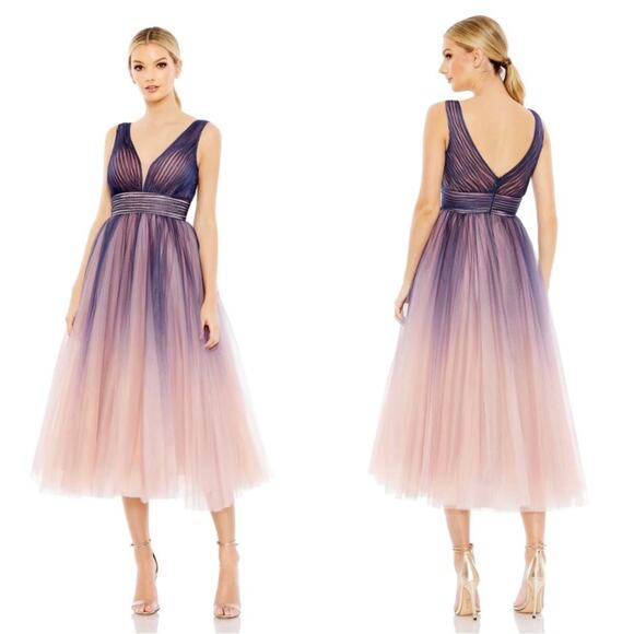 Mac Duggal 20403 Purple Pink Ombre Pleated Tulle Midi Dress Size 6 - Picture 9 of 9
